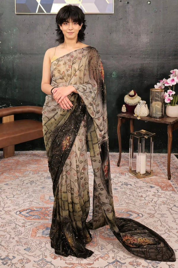 Dark Black Gray Saree - MyEthnikRentals
