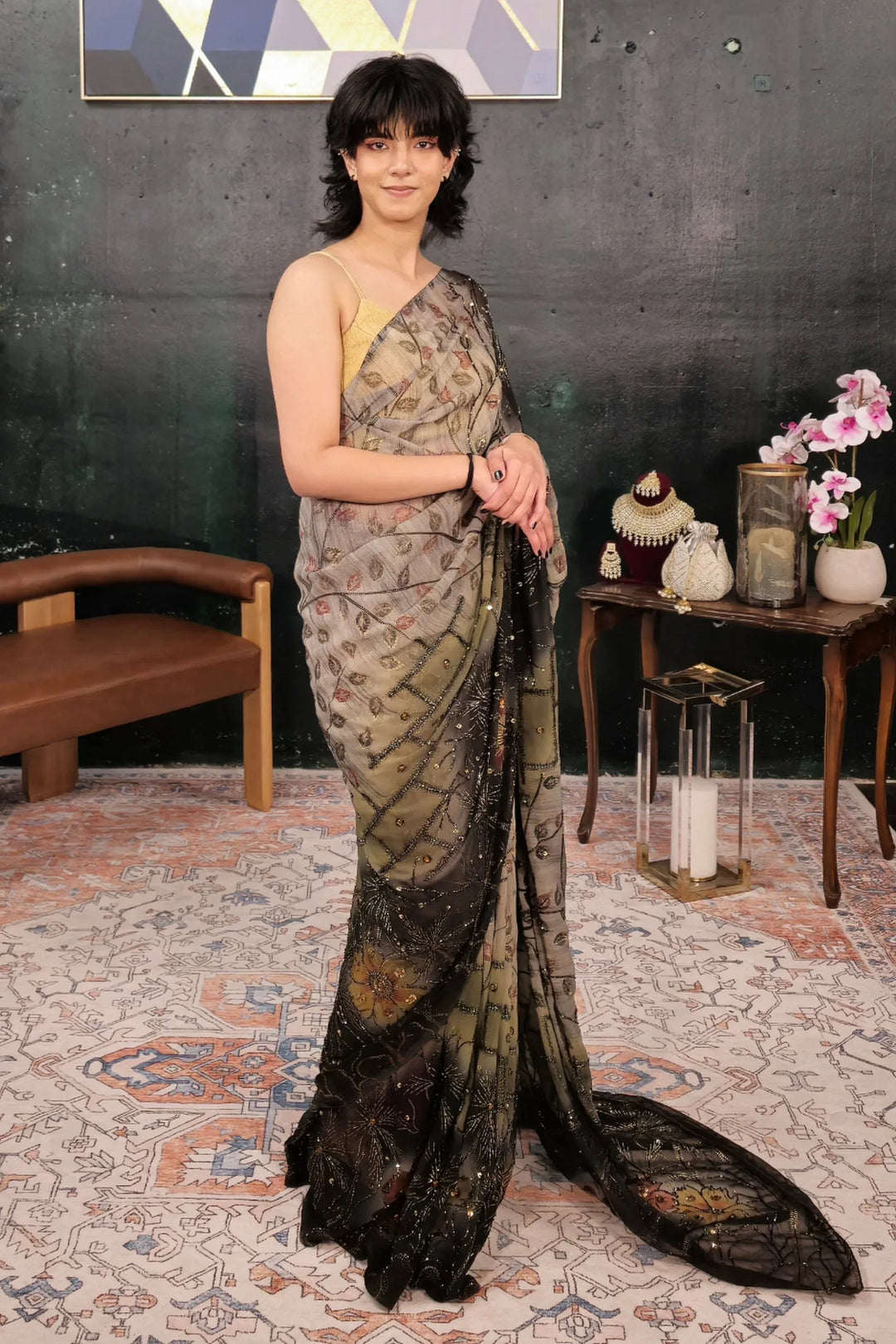 Dark Black Gray Saree - MyEthnikRentals