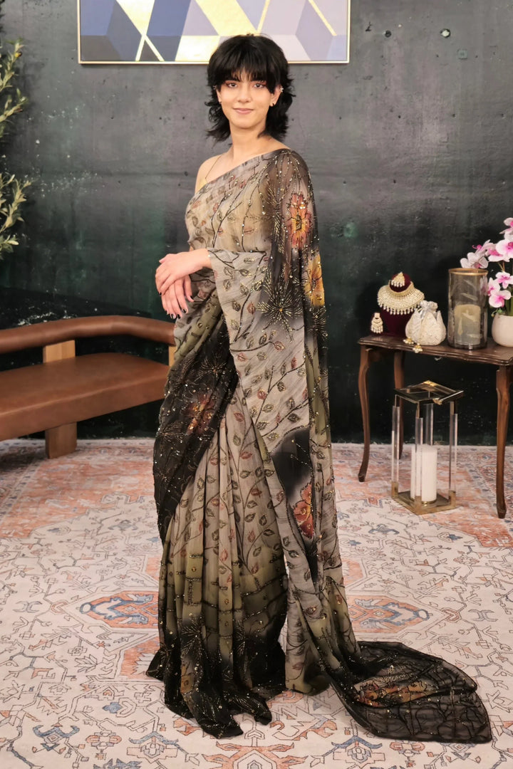 Dark Black Gray Saree - MyEthnikRentals
