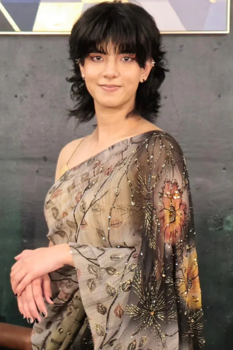 Dark Black Gray Saree - MyEthnikRentals
