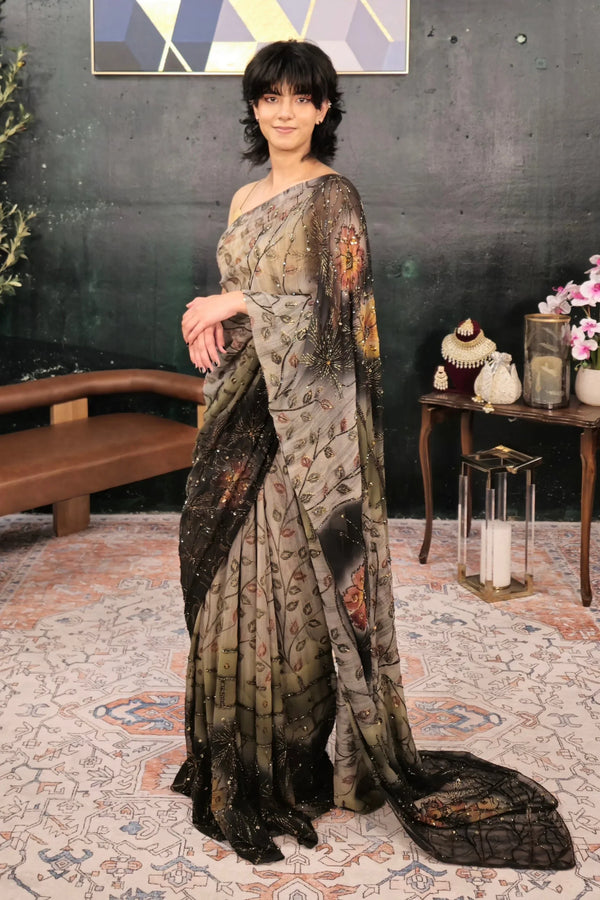 Dark Black Gray Saree - MyEthnikRentals