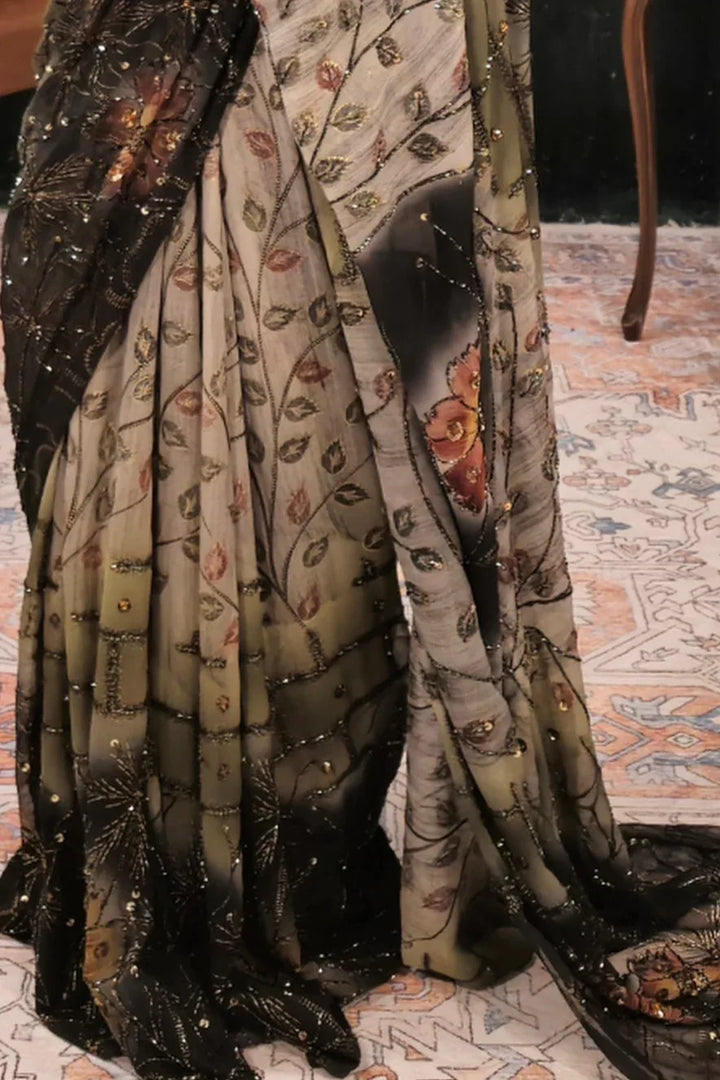Dark Black Gray Saree - MyEthnikRentals