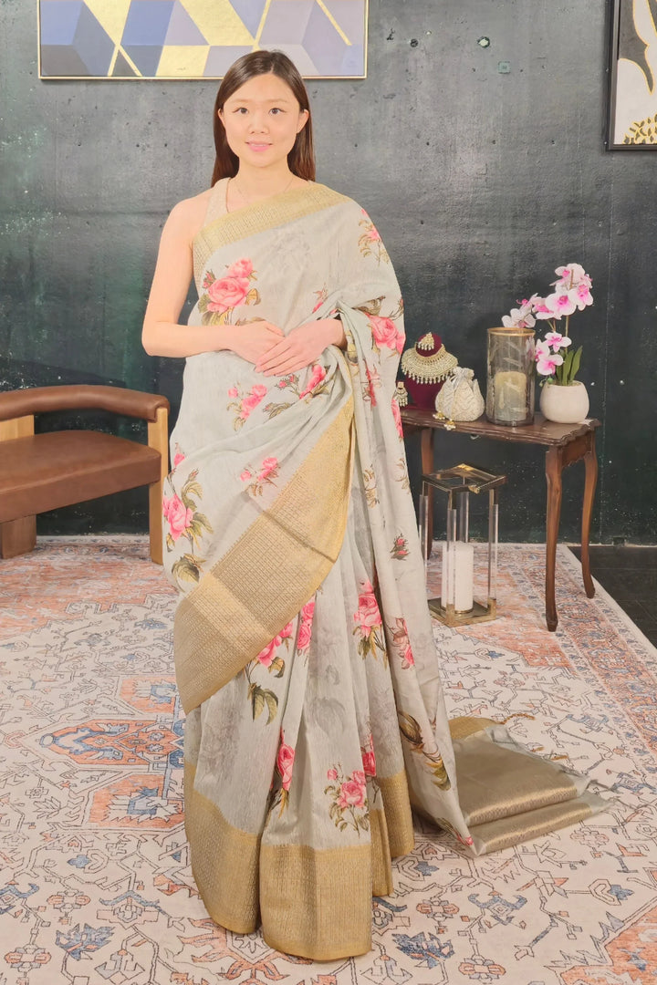 Mint Green Floral Saree - MyEthnikRentals