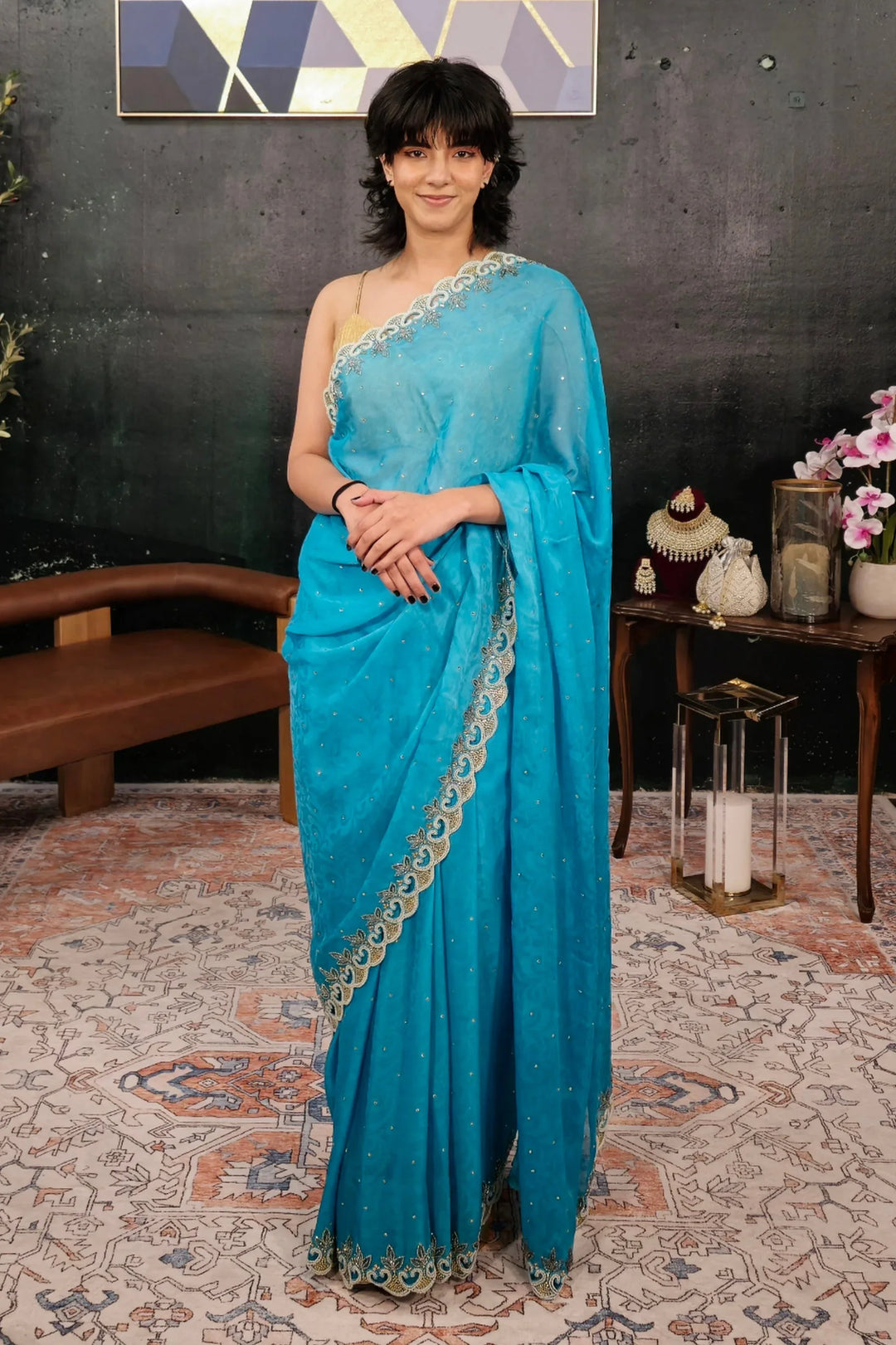 Light Blue Pearl Saree - MyEthnikRentals