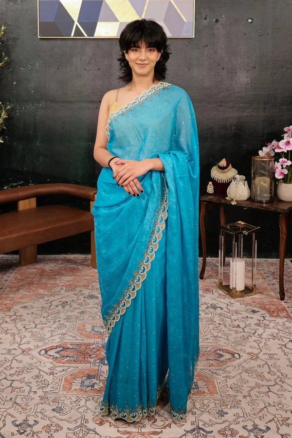 Light Blue Pearl Saree - MyEthnikRentals