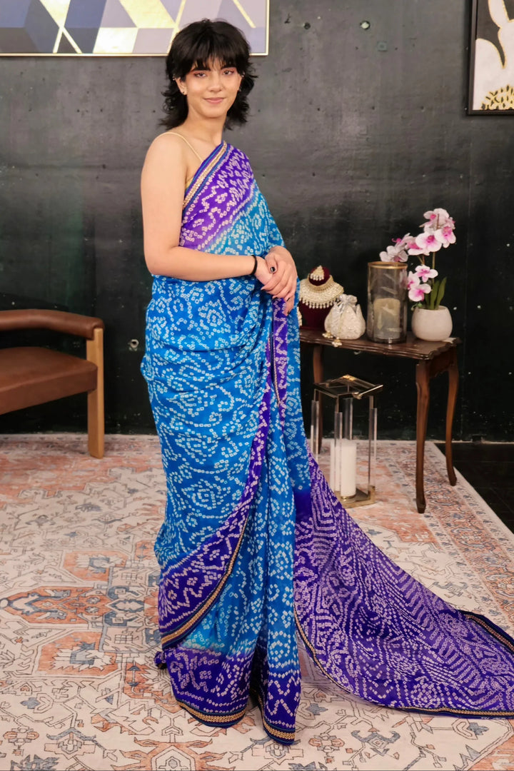 Block Print Blue Saree - MyEthnikRentals