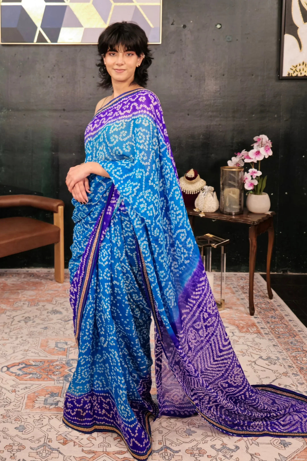 Block Print Blue Saree - MyEthnikRentals