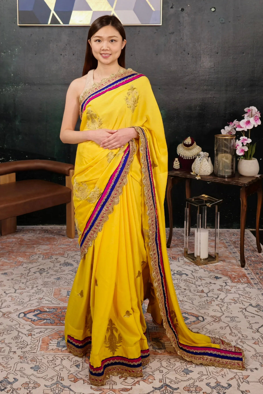 Yellow Georgette Embroidered Saree - MyEthnikRentals