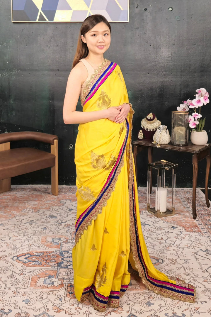Yellow Georgette Embroidered Saree - MyEthnikRentals