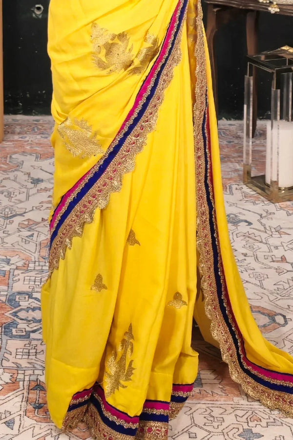 Yellow Georgette Embroidered Saree - MyEthnikRentals