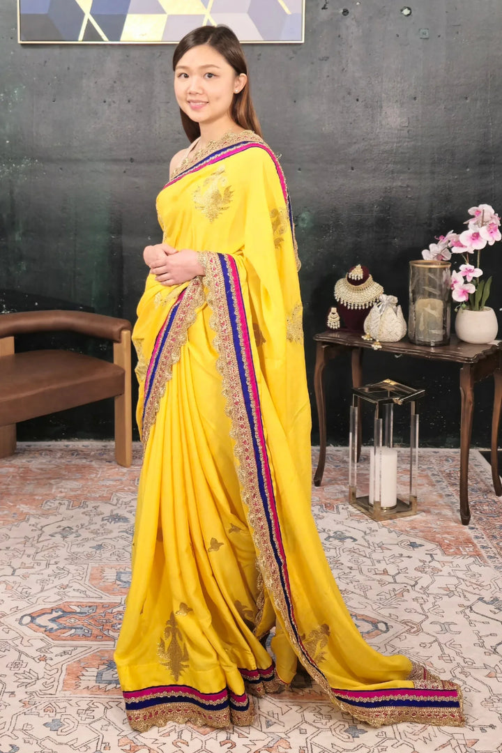 Yellow Georgette Embroidered Saree - MyEthnikRentals