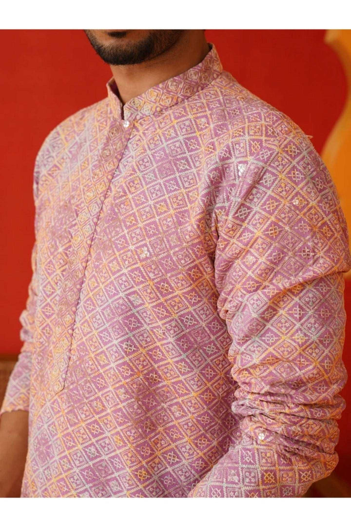 Saffron Lilac Geometric Kurta Set - MyEthnikRentals