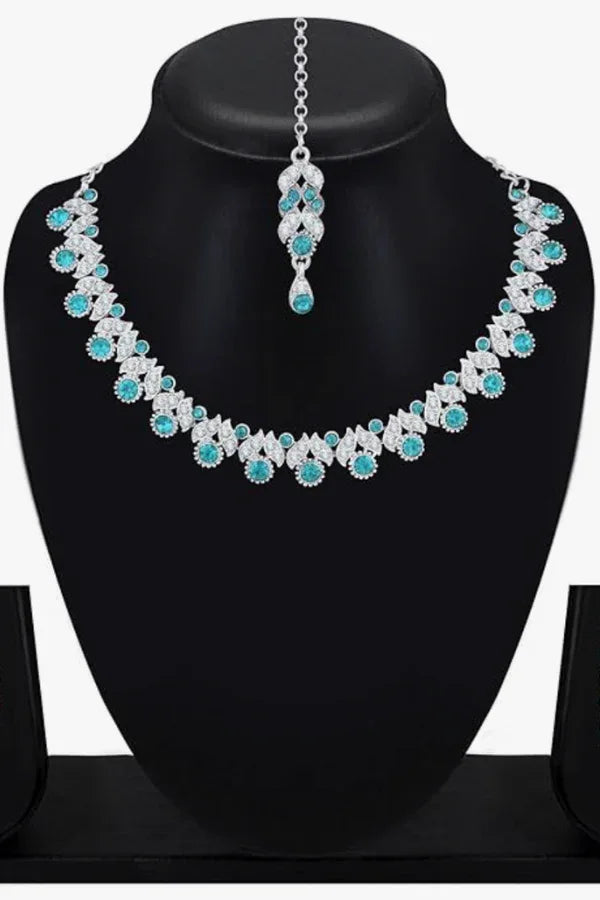 Silver Plated Crystal Studded Choker Jewellery Set - MyEthnikRentals