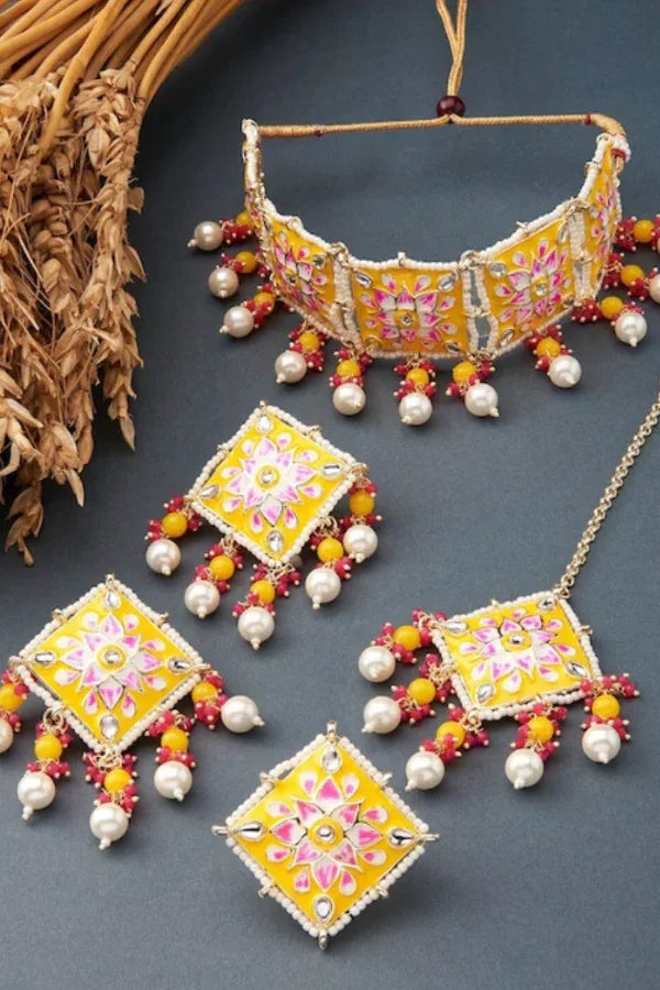 Yellow & Pink Stone-Beaded Meenakari Choker Necklace Jewellery Set - MyEthnikRentals