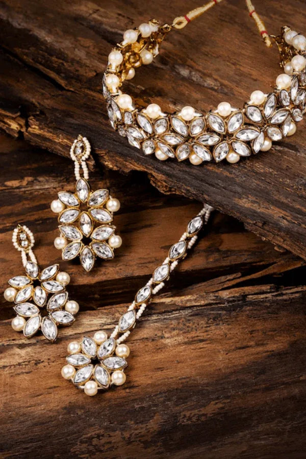 White Crystal Pearl Jewellery Set (silver tone) (Outside Ontario) - MyEthnikRentals