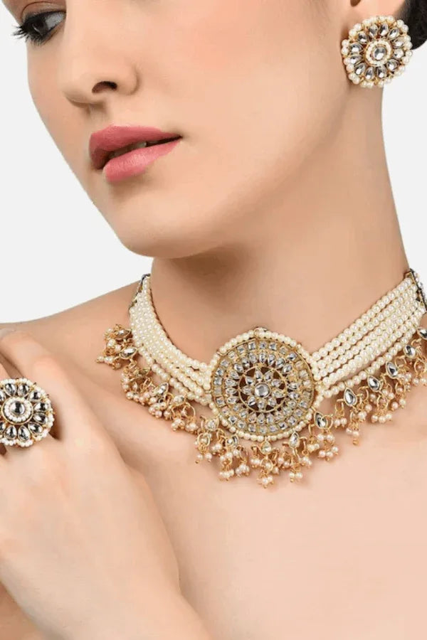 White Kundan Studded & Pearl Beaded Jewellery Set (Outside Ontario) - MyEthnikRentals