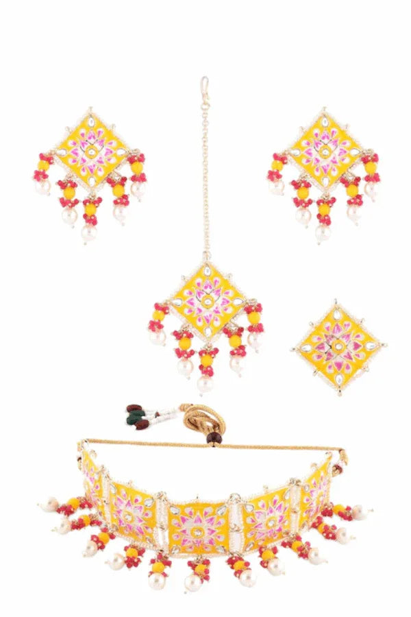 Yellow & Pink Stone-Beaded Meenakari Choker Necklace Jewellery Set (Outside Ontario) - MyEthnikRentals