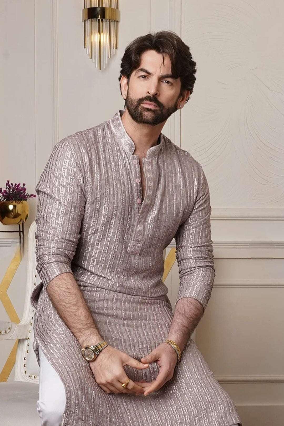 Textured Taupe Metallic Kurta Set - MyEthnikRentals