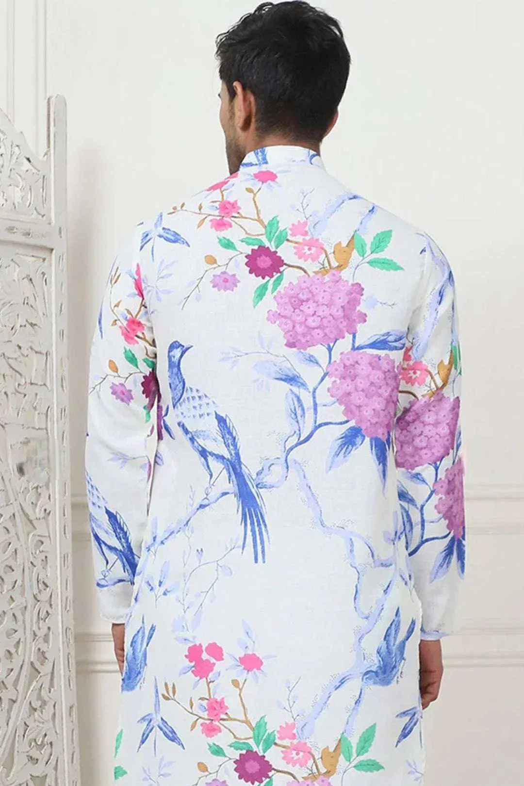Ivory Multicolor Bird & Bloom Printed Kurta - MyEthnikRentals