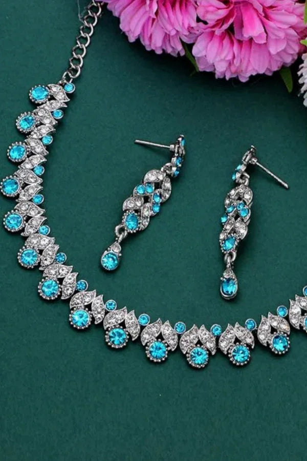 Silver Plated Crystal Studded Choker Jewellery Set - MyEthnikRentals
