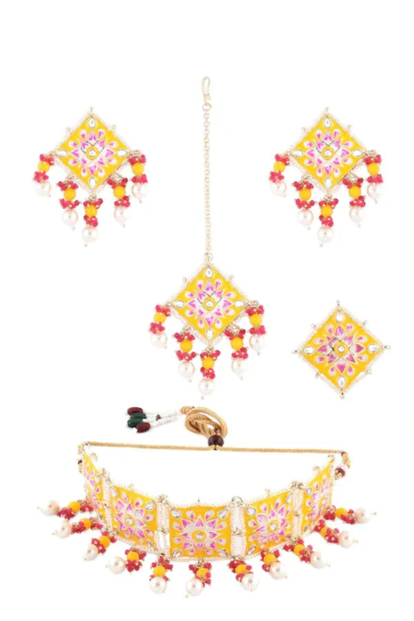 Yellow & Pink Stone-Beaded Meenakari Choker Necklace Jewellery Set - MyEthnikRentals