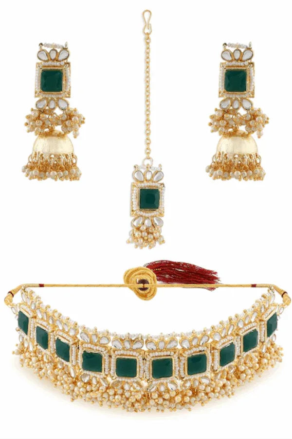 Green emerald moti Jewellery Set (Outside Ontario) - MyEthnikRentals