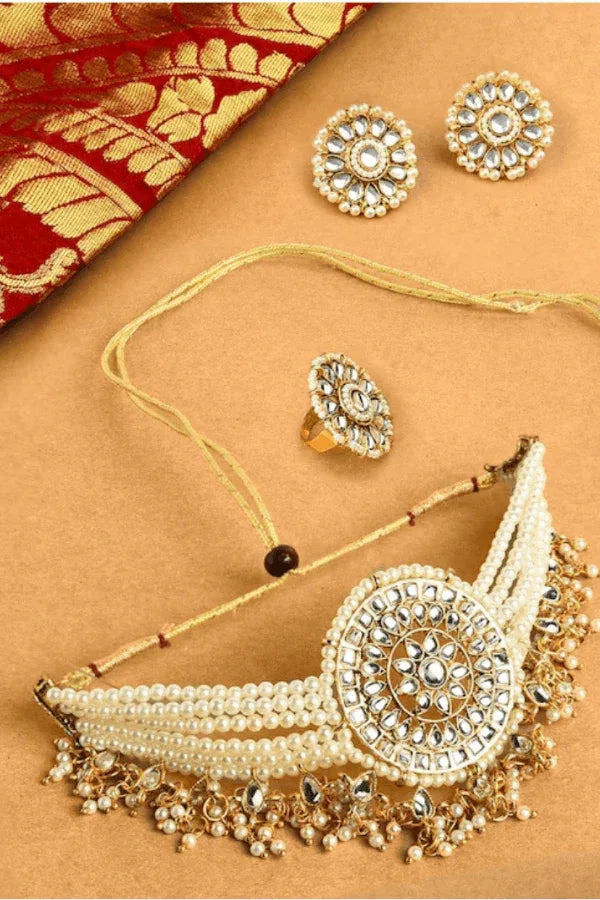White Kundan Studded & Pearl Beaded Jewellery Set (Outside Ontario) - MyEthnikRentals