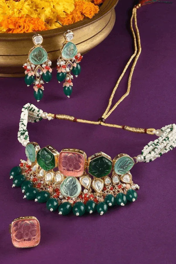 Rose Emerald Stone Jewellery set (Outside Ontario) - MyEthnikRentals