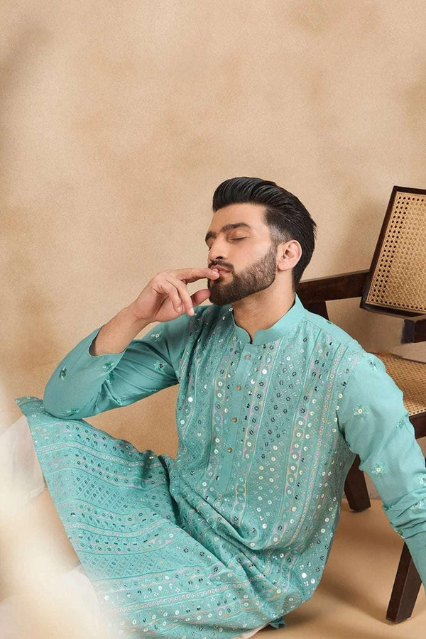 Powder Blue Mirror Work Kurta - MyEthnikRentals