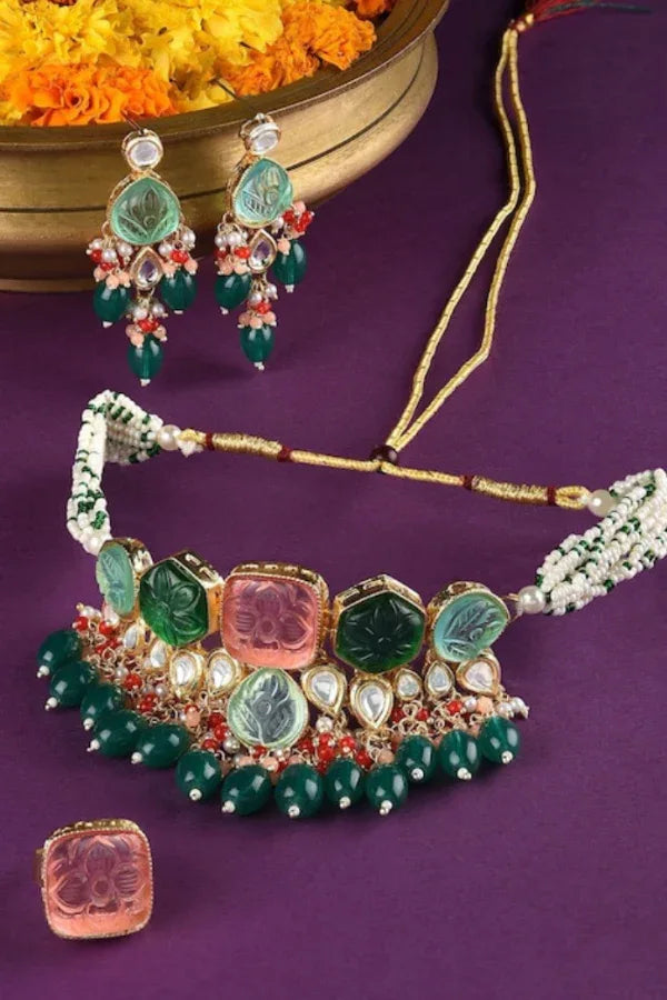 Rose Emerald Stone Jewellery set - MyEthnikRentals