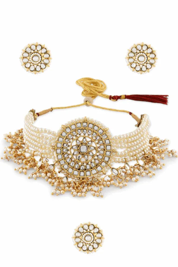 White Kundan Studded & Pearl Beaded Jewellery Set (Outside Ontario) - MyEthnikRentals