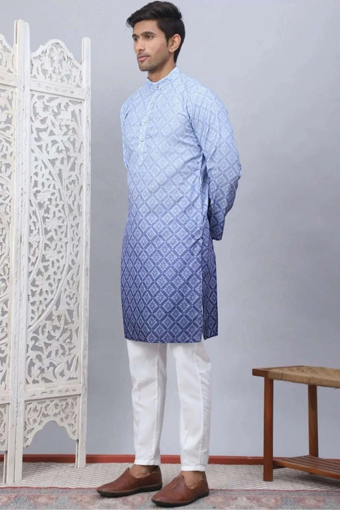 Ombré Indigo Diamond-Print Kurta Set - MyEthnikRentals