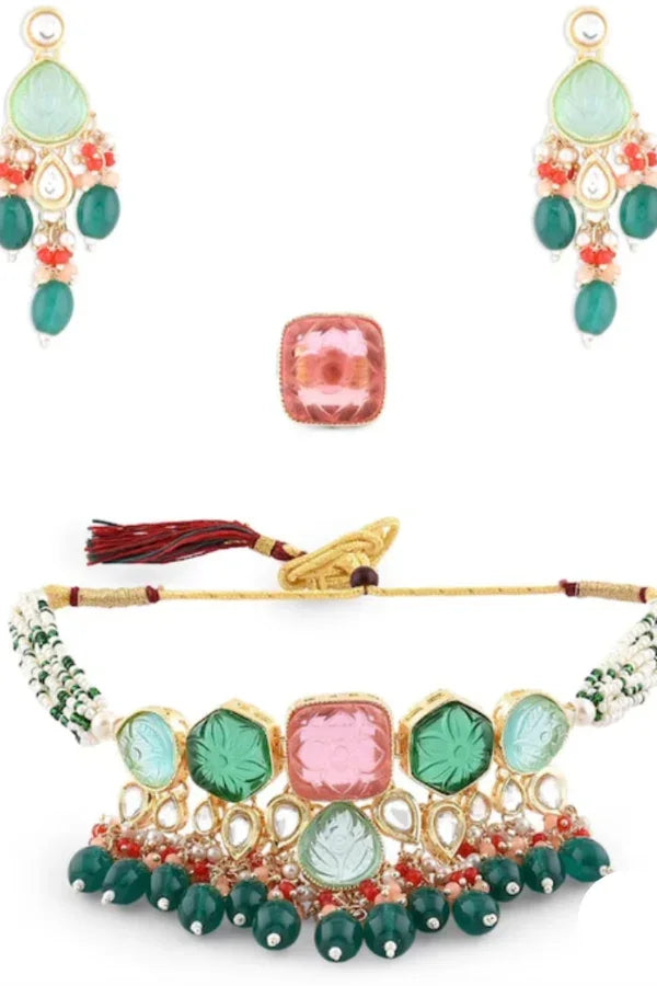 Rose Emerald Stone Jewellery set - MyEthnikRentals