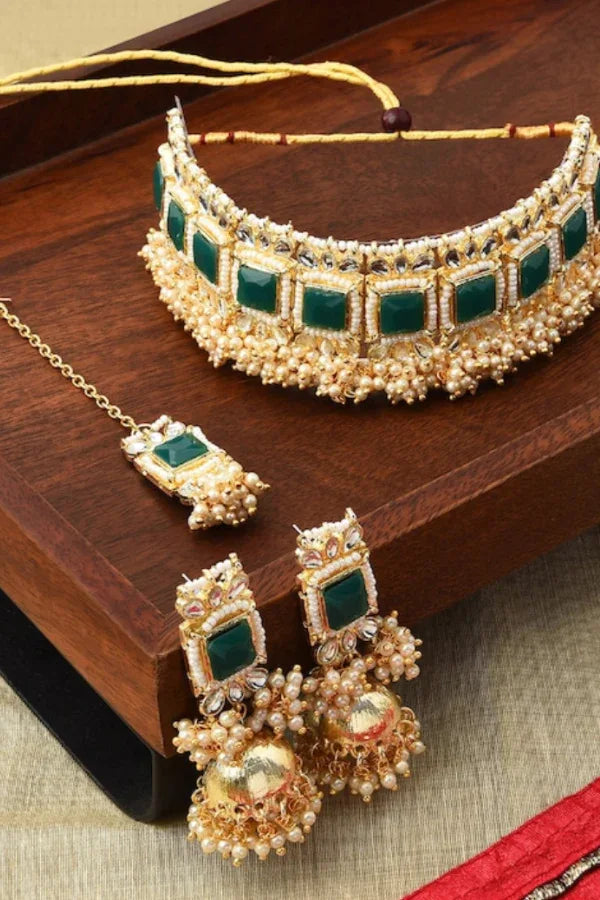Green emerald moti Jewellery Set - MyEthnikRentals
