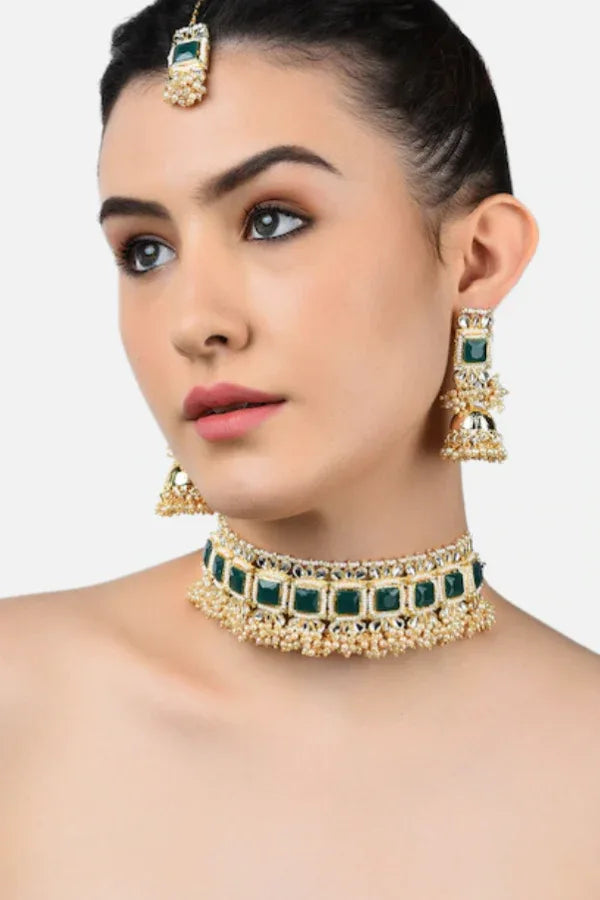 Green emerald moti Jewellery Set - MyEthnikRentals