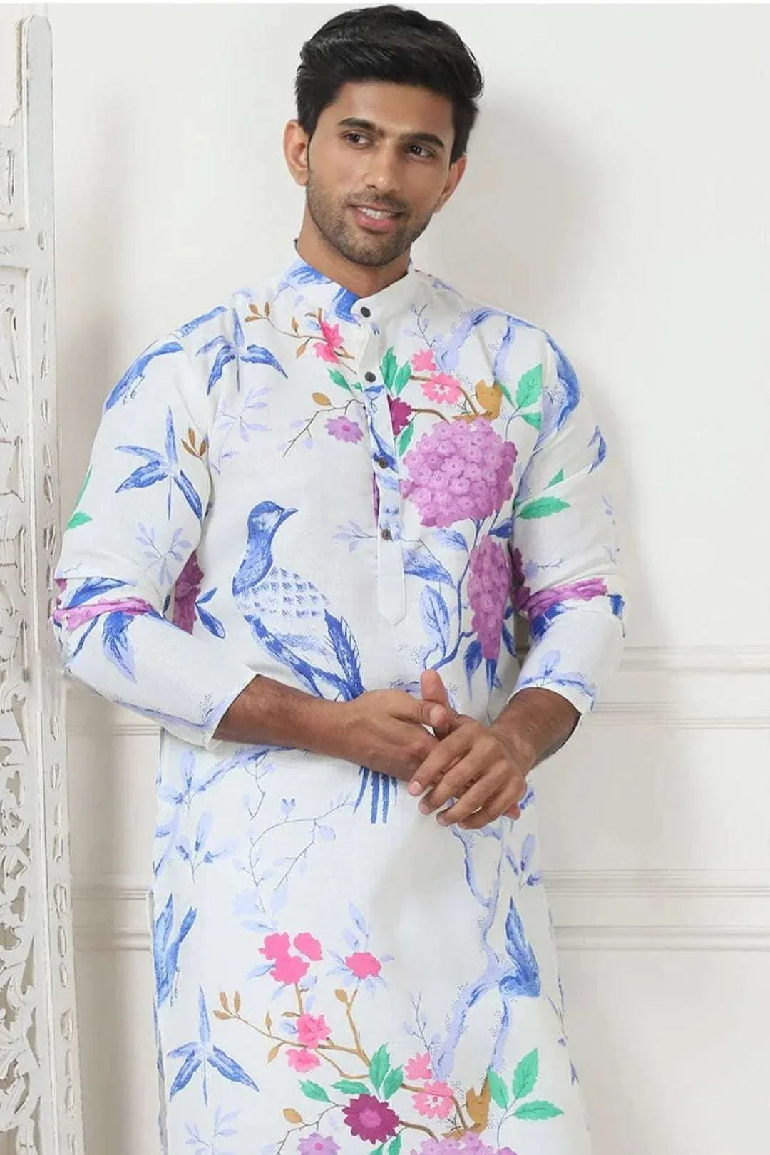 Ivory Multicolor Bird & Bloom Printed Kurta - MyEthnikRentals