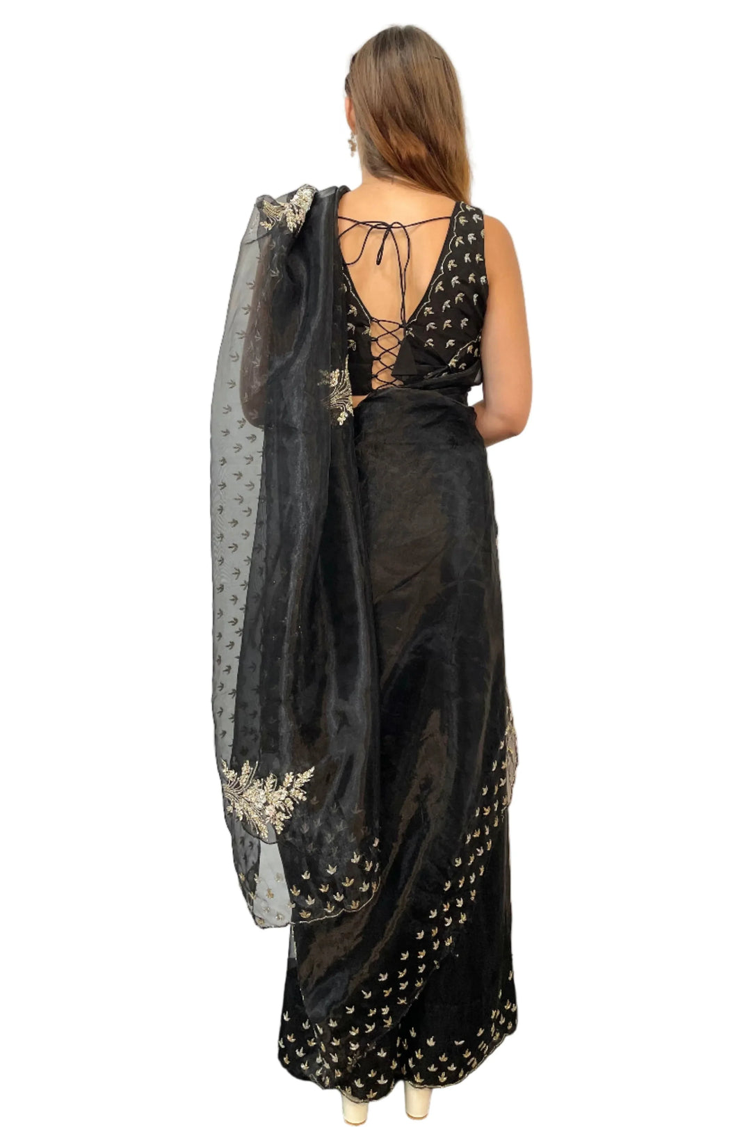 Glass Tissue Black Saree - MyEthnikRentals