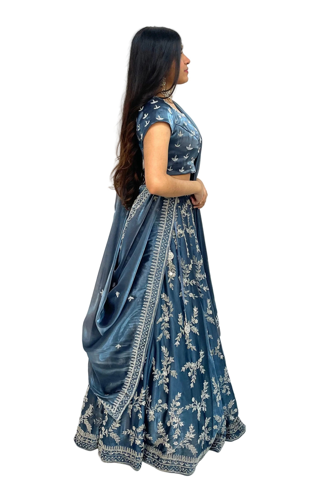 Glimmering Silver Work Lehenga - MyEthnikRentals