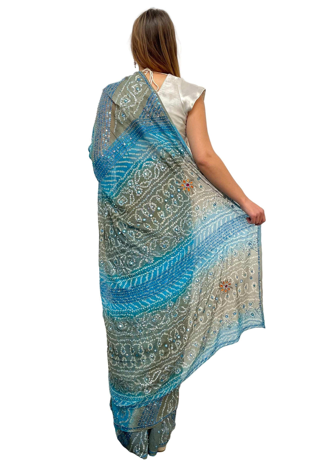 Blue Grey Embroidery Saree - MyEthnikRentals