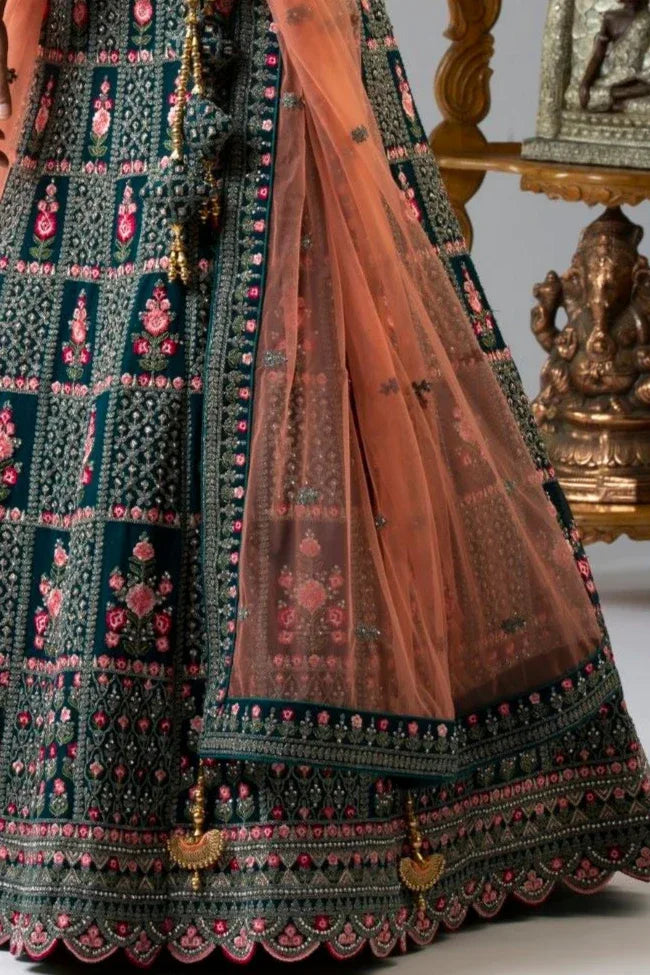 Ambrosial Teal Satin Lehenga (Outside Ontario) - MyEthnikRentals