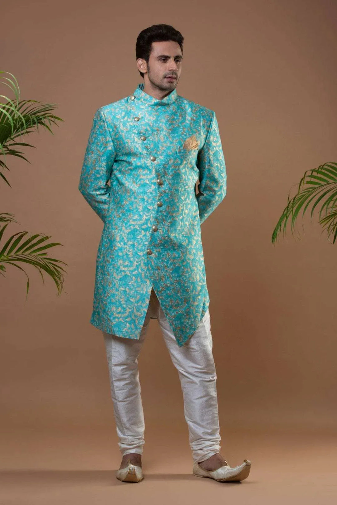 Deep Sky Blue Brocade Indo-Western Set (Outside Ontario) - MyEthnikRentals