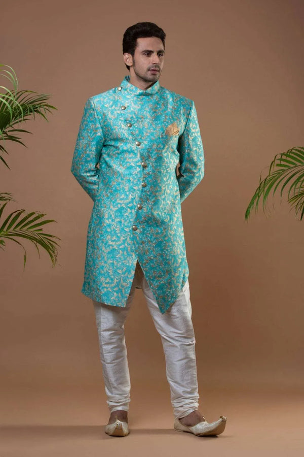 Deep Sky Blue Brocade Indo-Western Set (Outside Ontario) - MyEthnikRentals