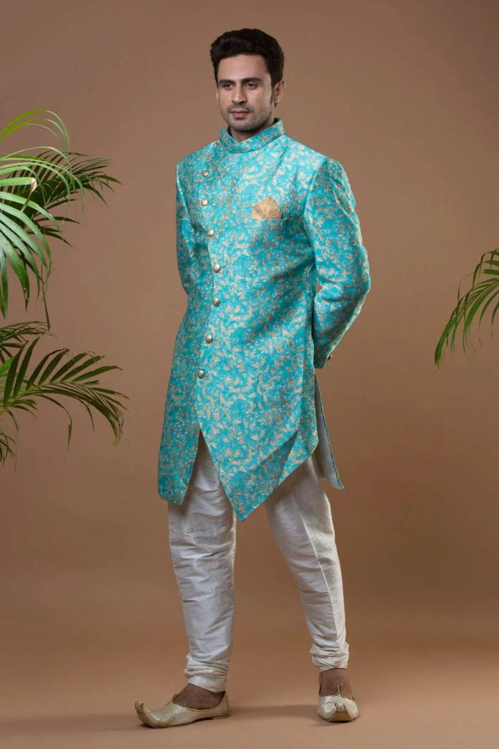 Deep Sky Blue Brocade Indo-Western Set (Outside Ontario) - MyEthnikRentals