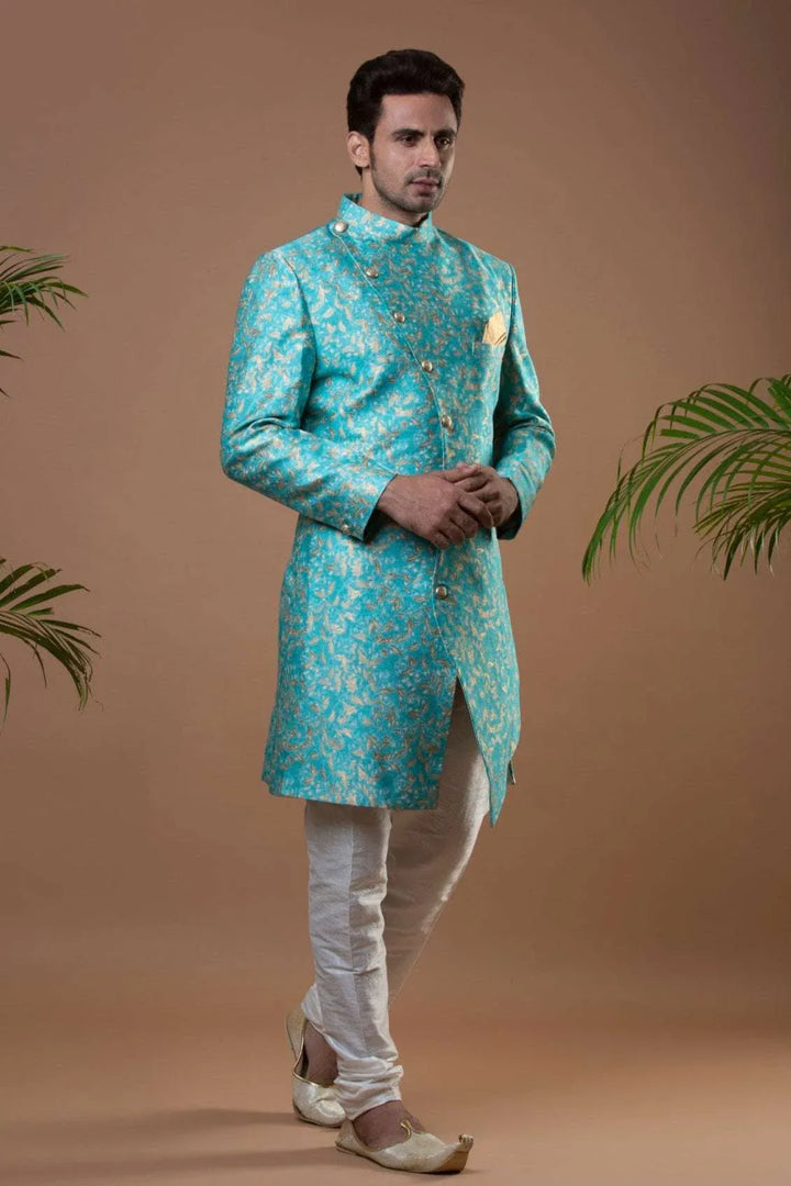 Deep Sky Blue Brocade Indo-Western Set (Outside Ontario) - MyEthnikRentals