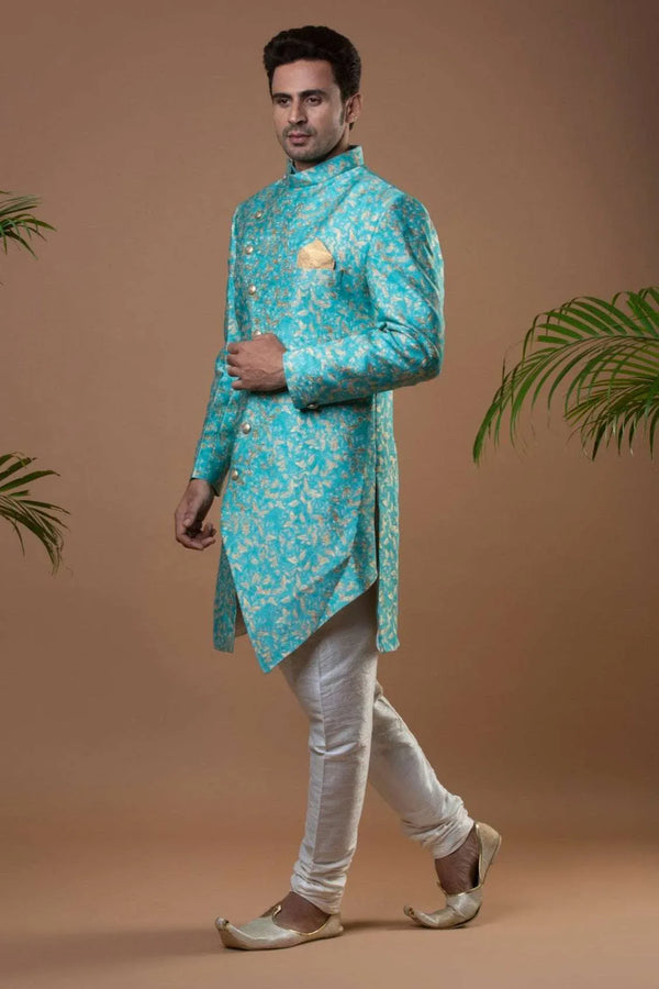 Deep Sky Blue Brocade Indo-Western Set (Outside Ontario) - MyEthnikRentals
