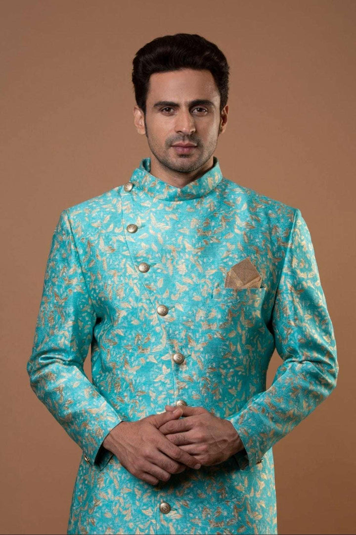 Deep Sky Blue Brocade Indo-Western Set (Outside Ontario) - MyEthnikRentals