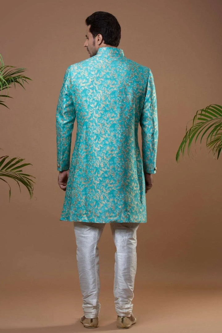 Deep Sky Blue Brocade Indo-Western Set (Outside Ontario) - MyEthnikRentals