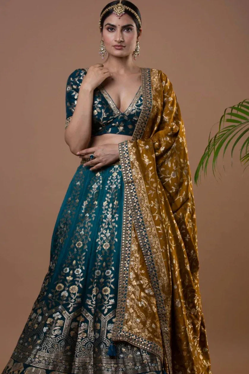 Exquisite Teal Banarasi Lehenga - MyEthnikRentals