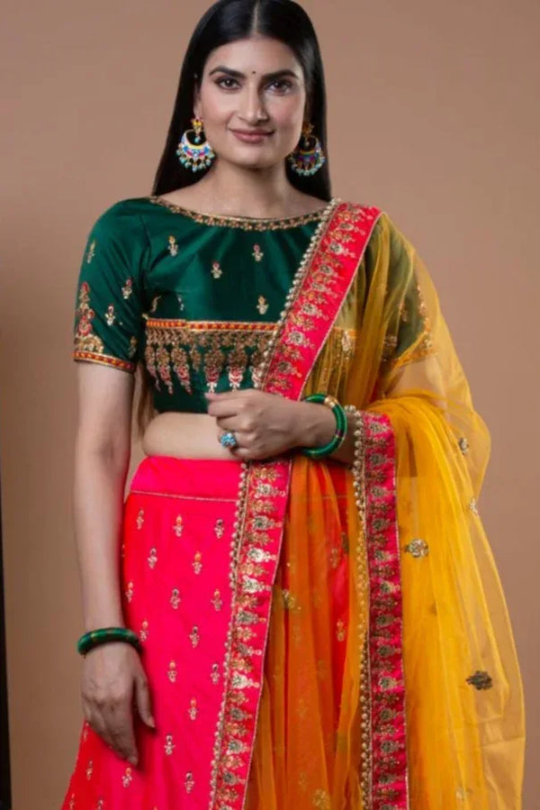 Prismatic Green Orange Lehenga (Outside Ontario) - MyEthnikRentals