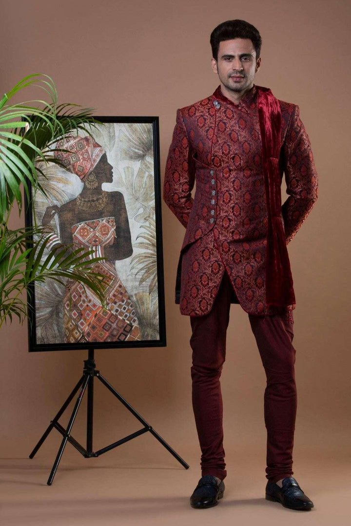 Red Brocade Indo-Western Set (Outside Ontario) - MyEthnikRentals